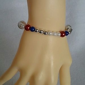 Red, white, blue, and silver beaded stretch bracelet